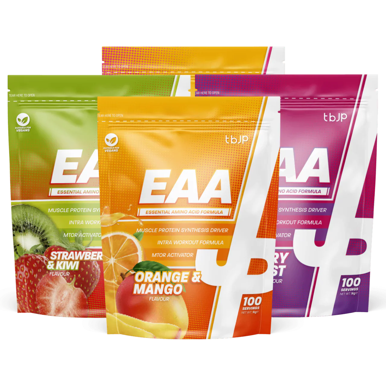 Trained By JP EAA supplement pouches with strawberry & kiwi, orange & mango, berry blast for boost protein and complete amino acids