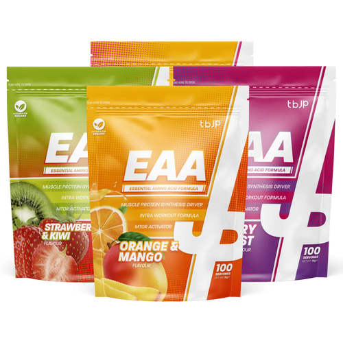 Trained By JP EAA supplement pouches with strawberry & kiwi, orange & mango, berry blast for boost protein and complete amino acids