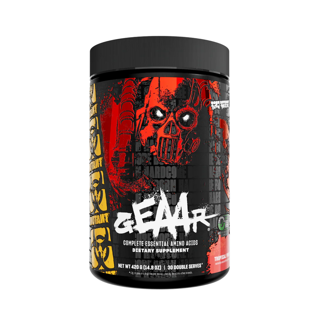 Supplement container with a black and red label featuring a skull design on a white background.