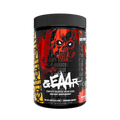 Supplement container with a black and red label featuring a skull design on a white background.