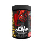 Supplement container with a black and red label featuring a skull design on a white background.
