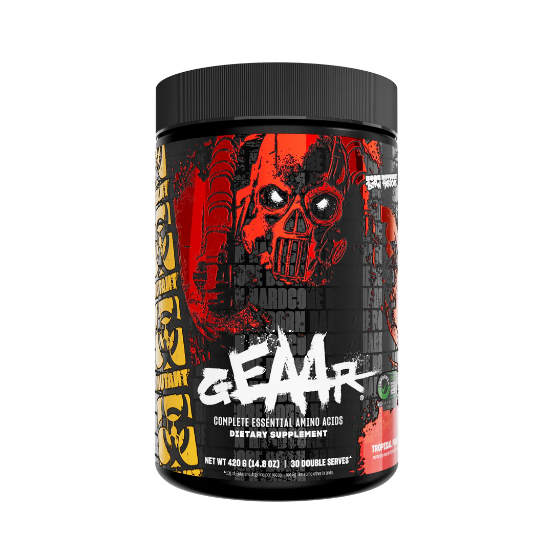 Supplement container with a black and red label featuring a skull design on a white background.