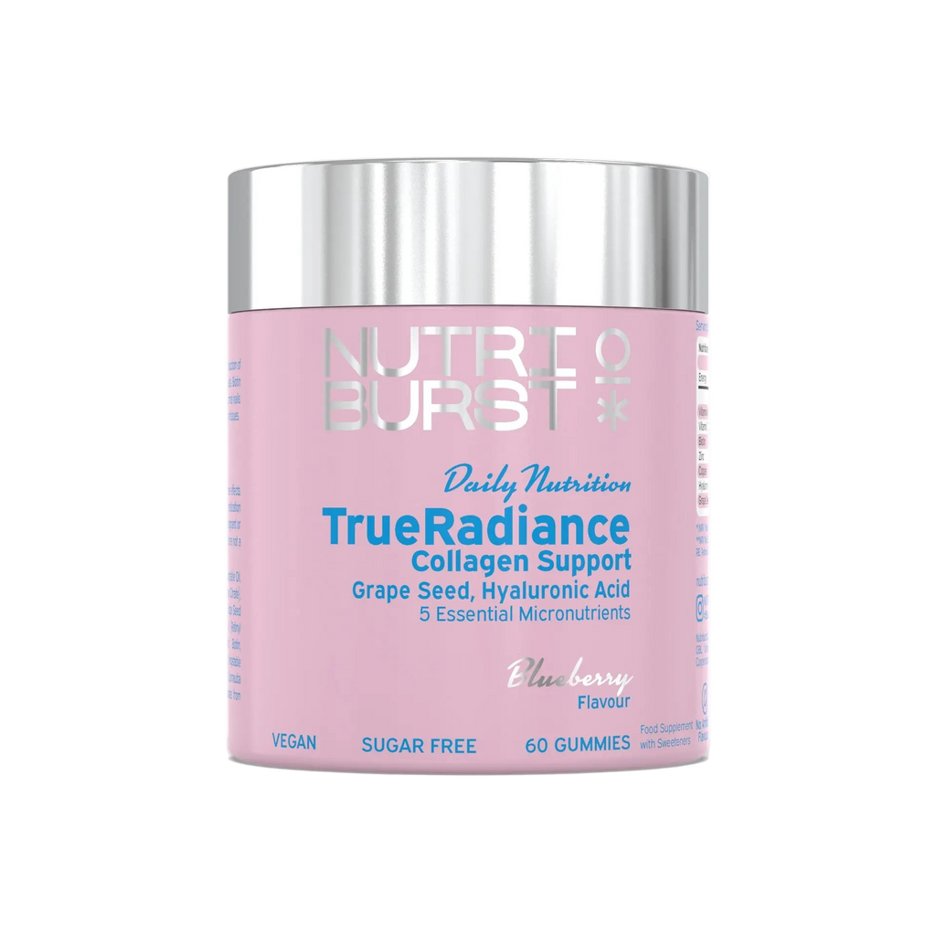 Pink container of Nutri Burst TrueRadiance Collagen Support gummies on a white background