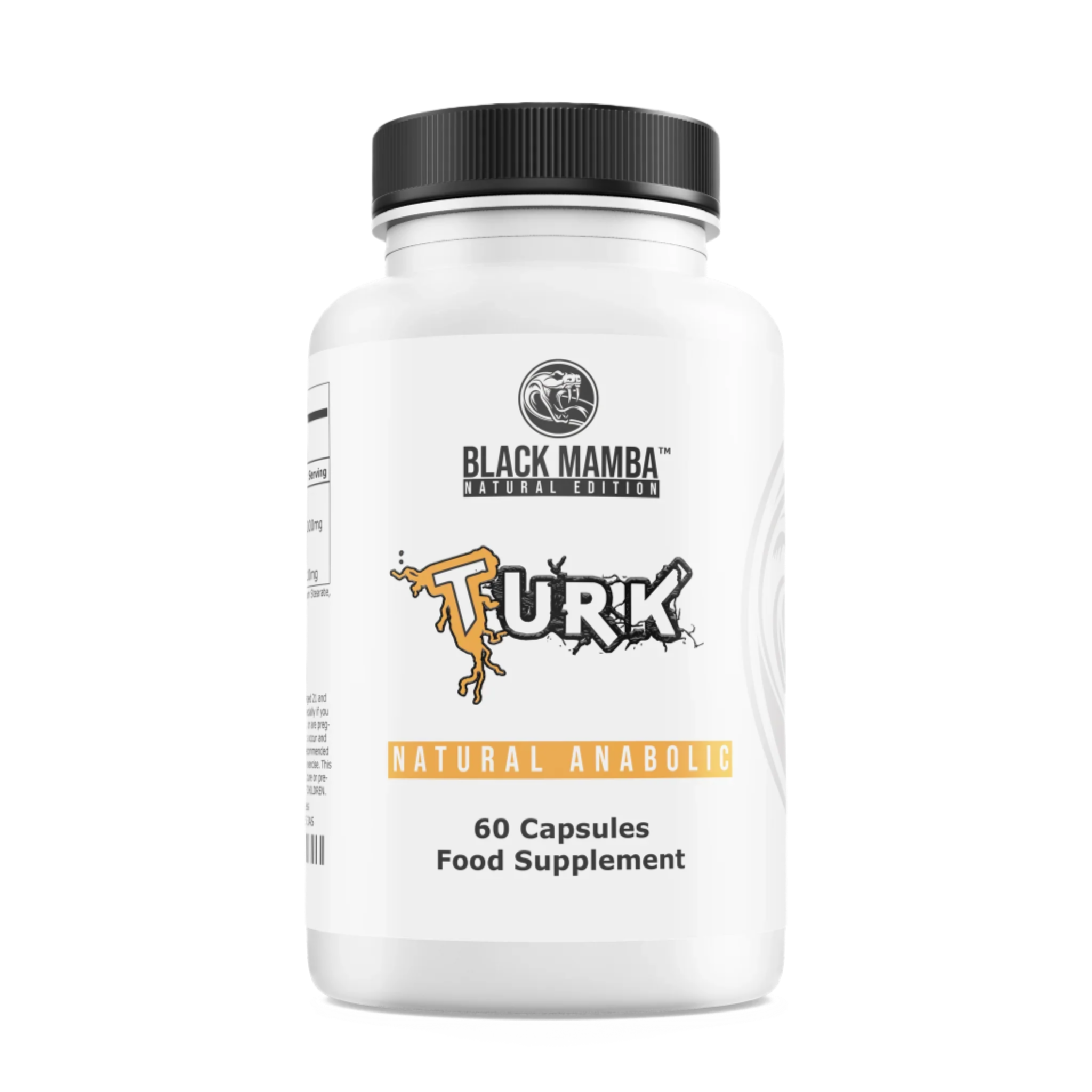 White bottle of Black Mamba Turk natural anabolic supplement for lean muscle and fat loss