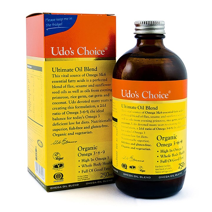 Udo’s Choice Ultimate Oil Blend Organic with packaging, rich in essential fatty acids