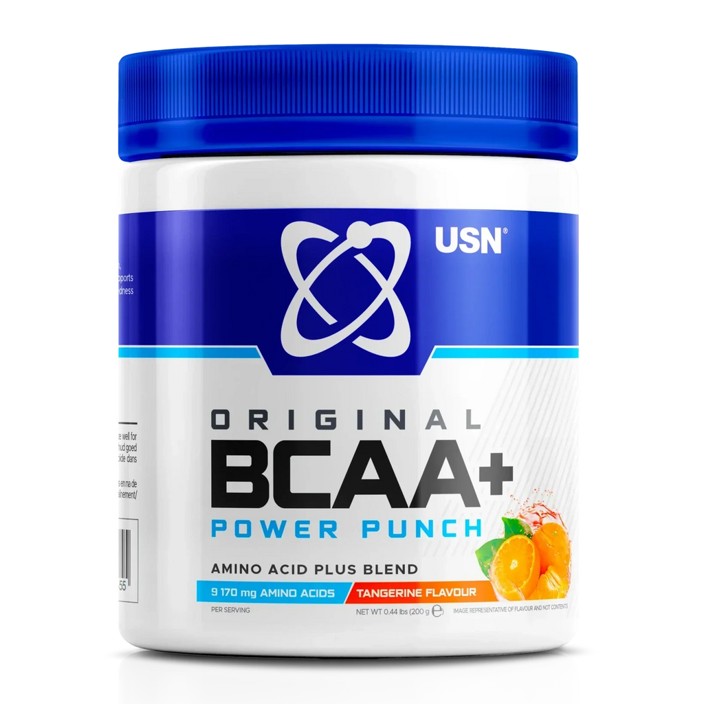 USN BCAA Power Punch container with tangerine flavor for muscle growth and protein synthesis