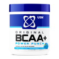 Blue and white USN BCAA Power Punch container with blue raspberry flavor for muscle growth