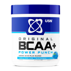 Blue and white USN BCAA Power Punch container with blue raspberry flavor for muscle growth
