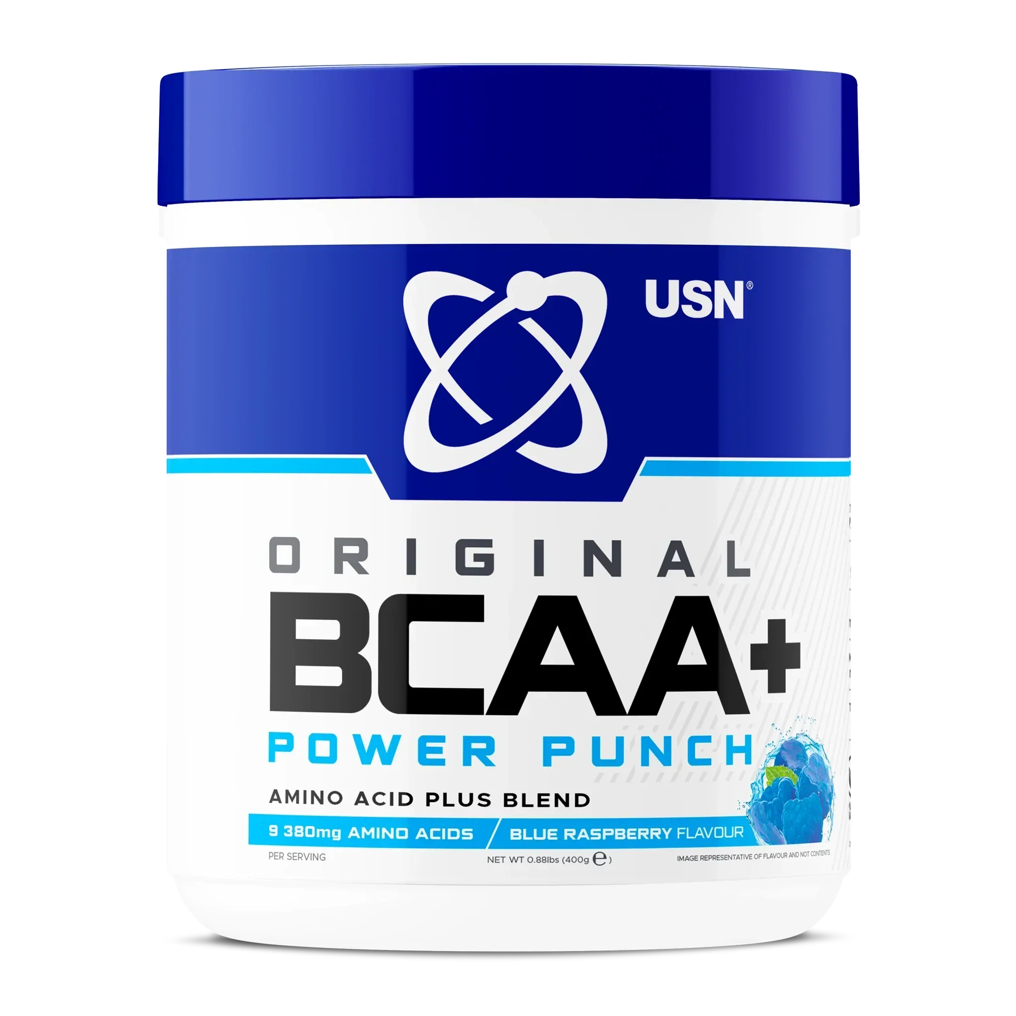 Blue and white USN BCAA Power Punch container with blue raspberry flavor for muscle growth
