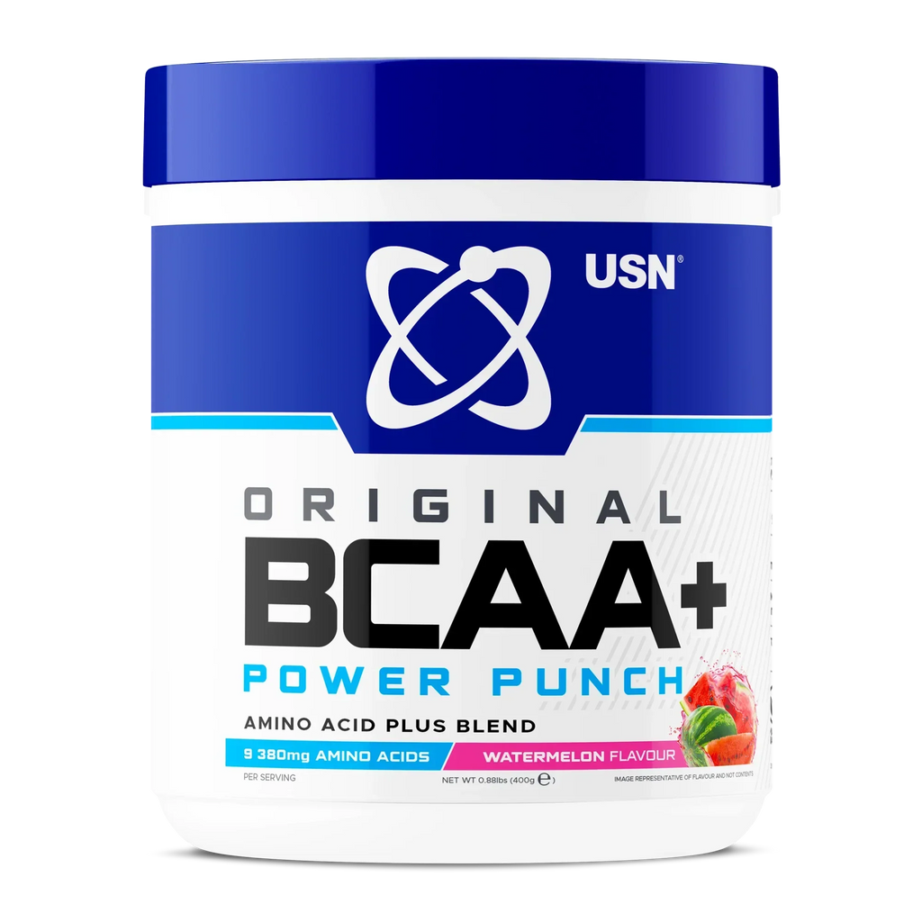 Blue and white USN BCAA Power Punch tub for muscle growth and protein synthesis