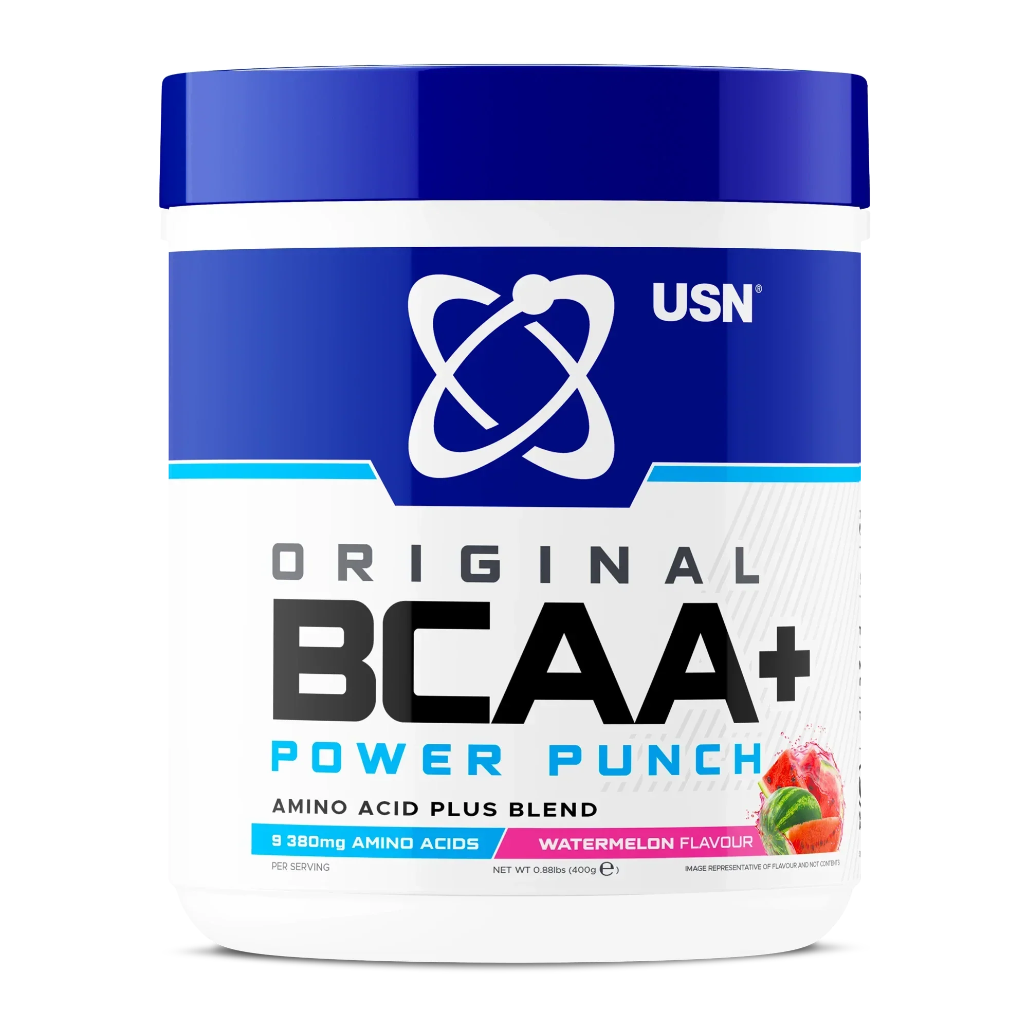 Blue and white USN BCAA Power Punch tub for muscle growth and protein synthesis