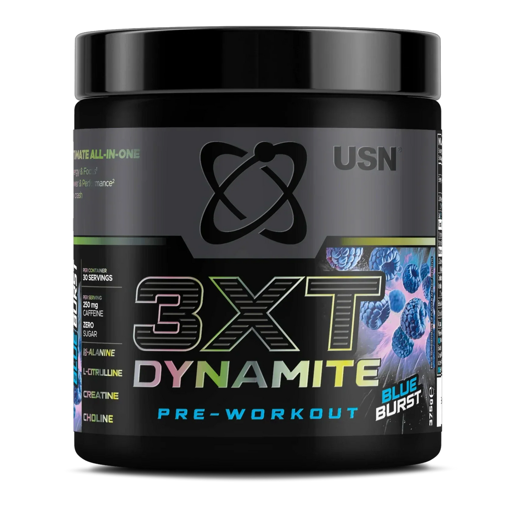 Black USN 3XT Dynamite tub with Blue Burst flavor, powerful herbal formula for a boost