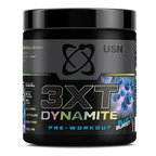 Black USN 3XT Dynamite tub with Blue Burst flavor, powerful herbal formula for a boost