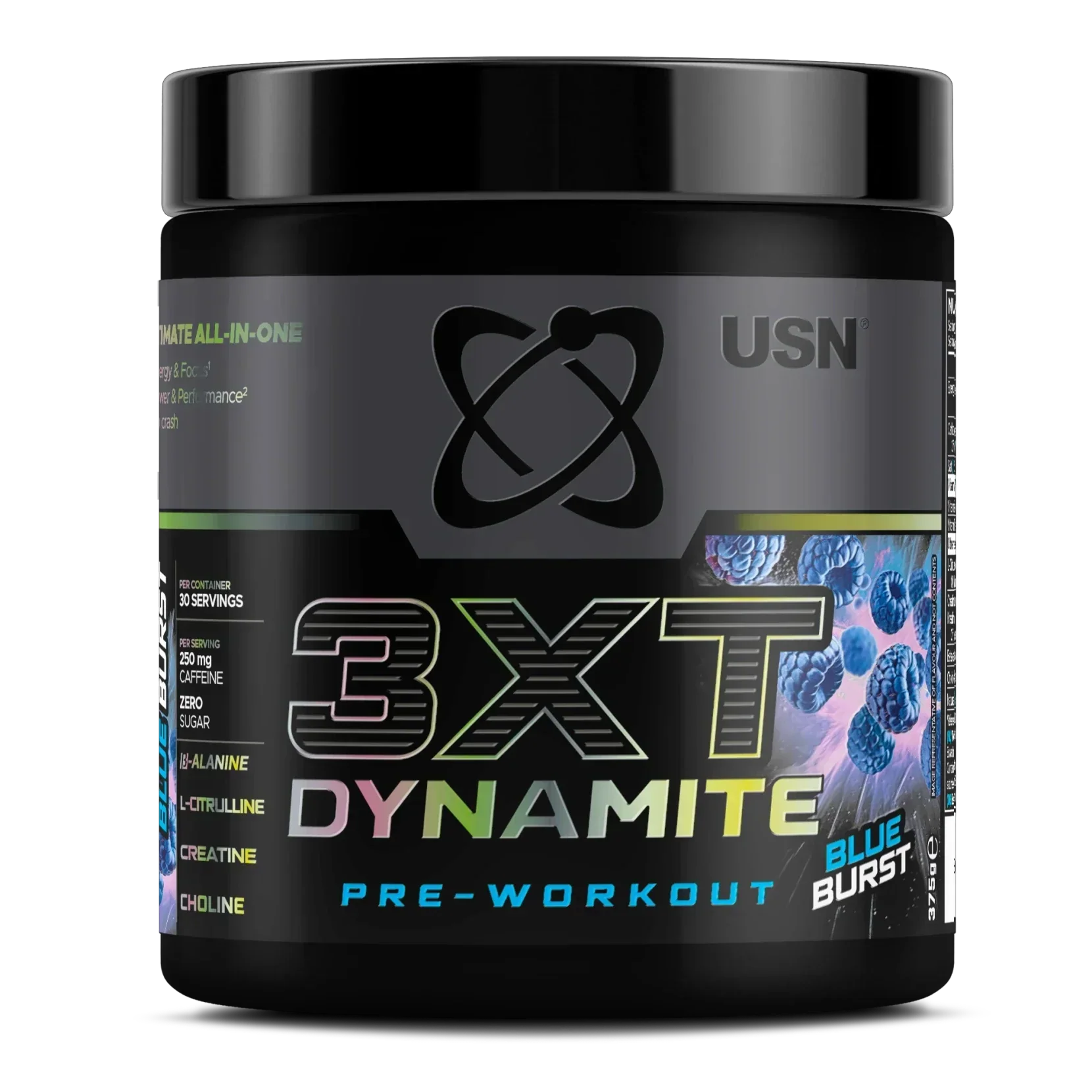 Black USN 3XT Dynamite tub with Blue Burst flavor, powerful herbal formula for a boost