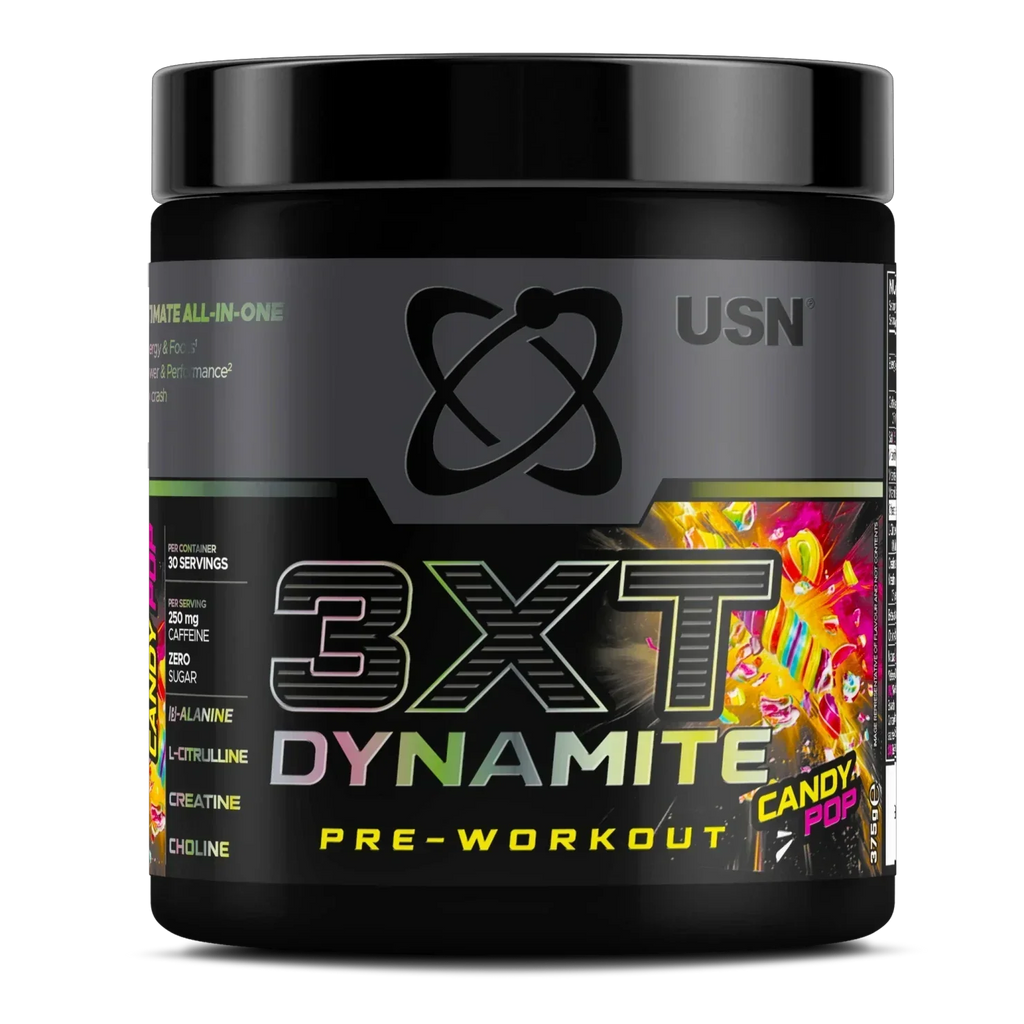 Black tub of USN 3XT Dynamite Pre-Workout in Candy Pop flavor for powerful herbal support boost