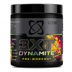 Black tub of USN 3XT Dynamite Pre-Workout in Candy Pop flavor for powerful herbal support boost