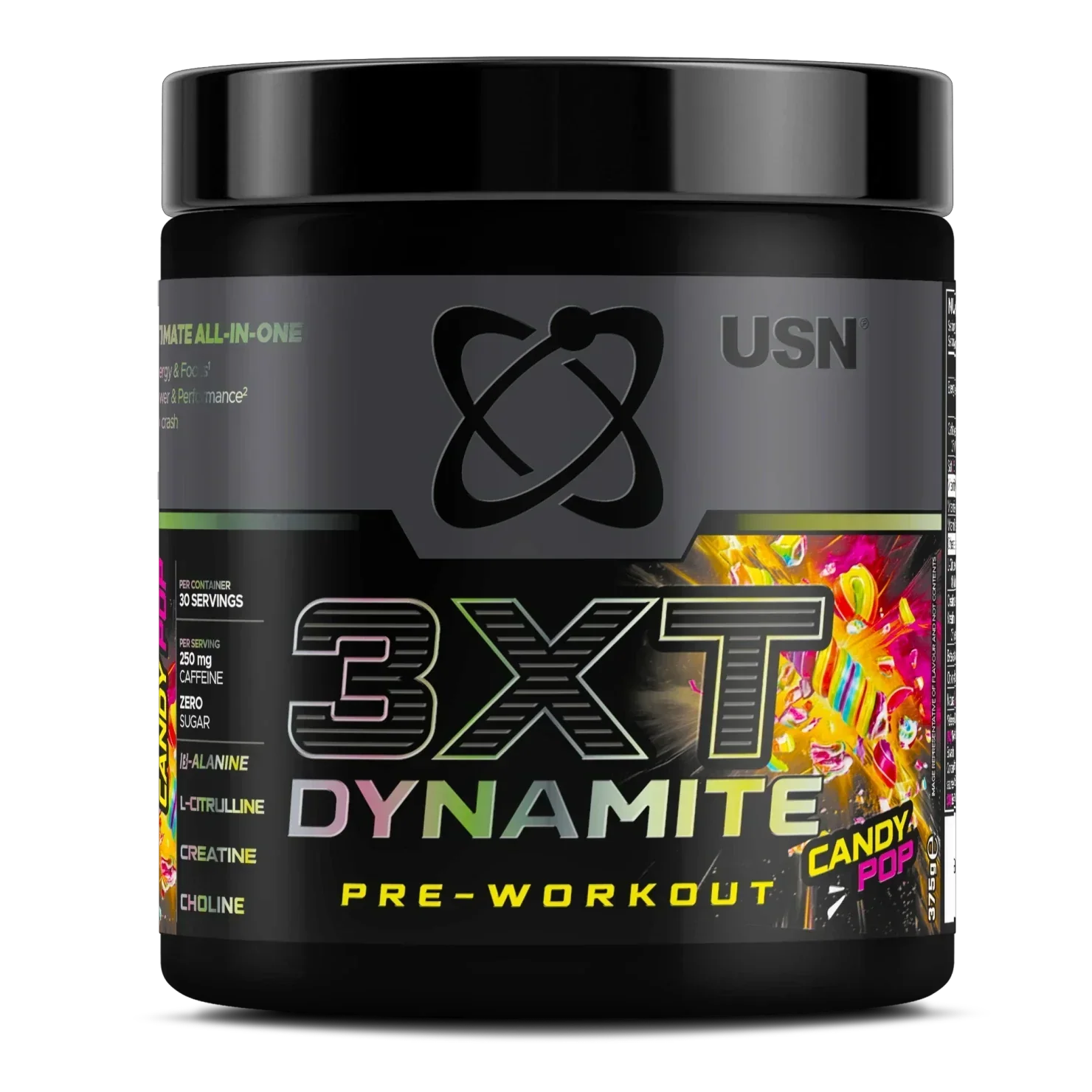 Black tub of USN 3XT Dynamite Pre-Workout in Candy Pop flavor for powerful herbal support boost