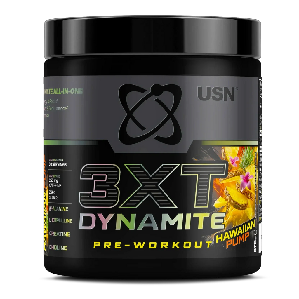 Black USN 3XT Dynamite pre-workout container with pineapple flavor for herbal support boost