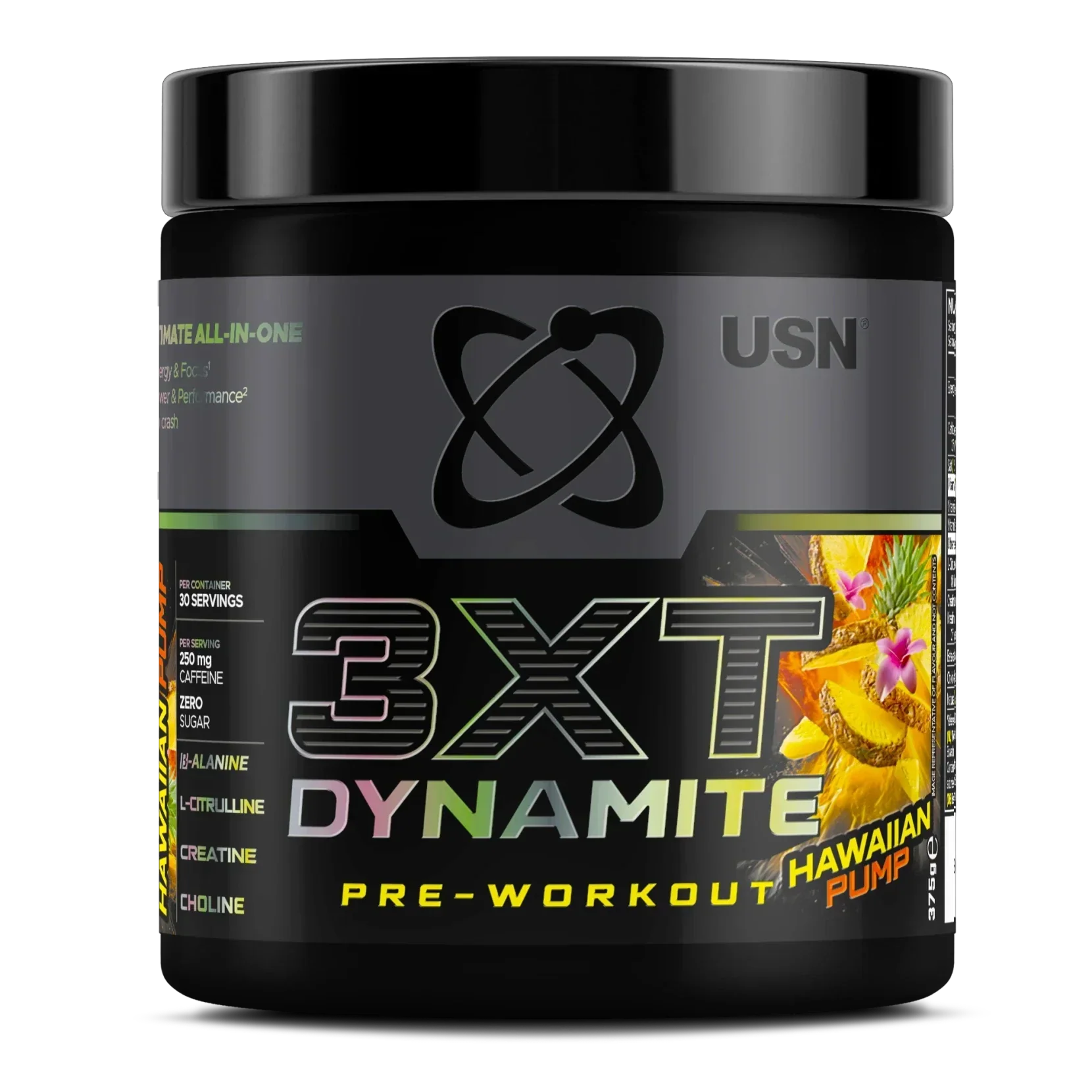 Black USN 3XT Dynamite pre-workout container with pineapple flavor for herbal support boost