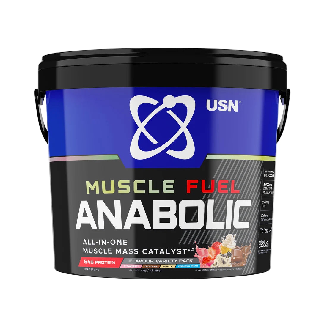 USN Muscle Fuel Anabolic Gainer Variety Pack 4kg / Cookies and Cream/Choc/Strawb/Vanilla All In One Gainer Powder