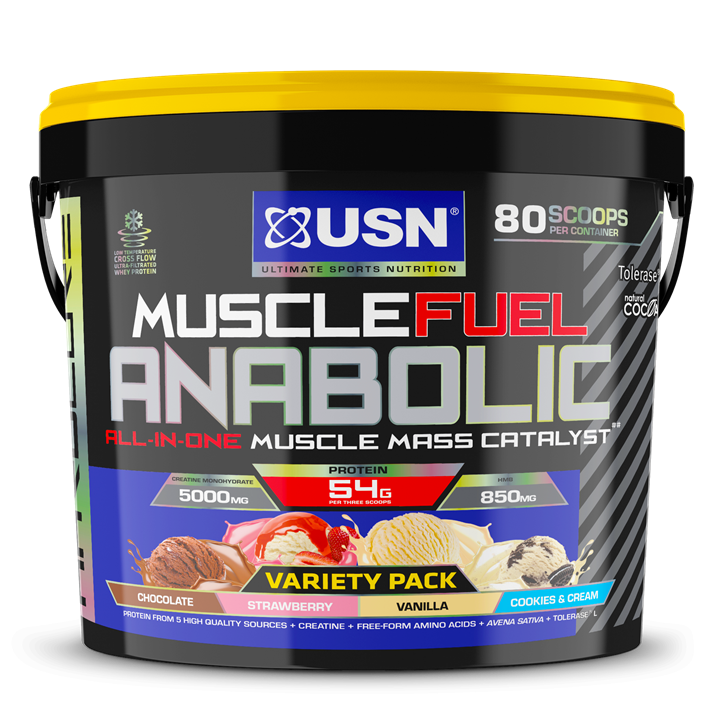USN Muscle Fuel Anabolic Variety Pack - 4kg / Cookies and Cream/Choc/Strawb/Vanilla - All-In-One Gainer Powder