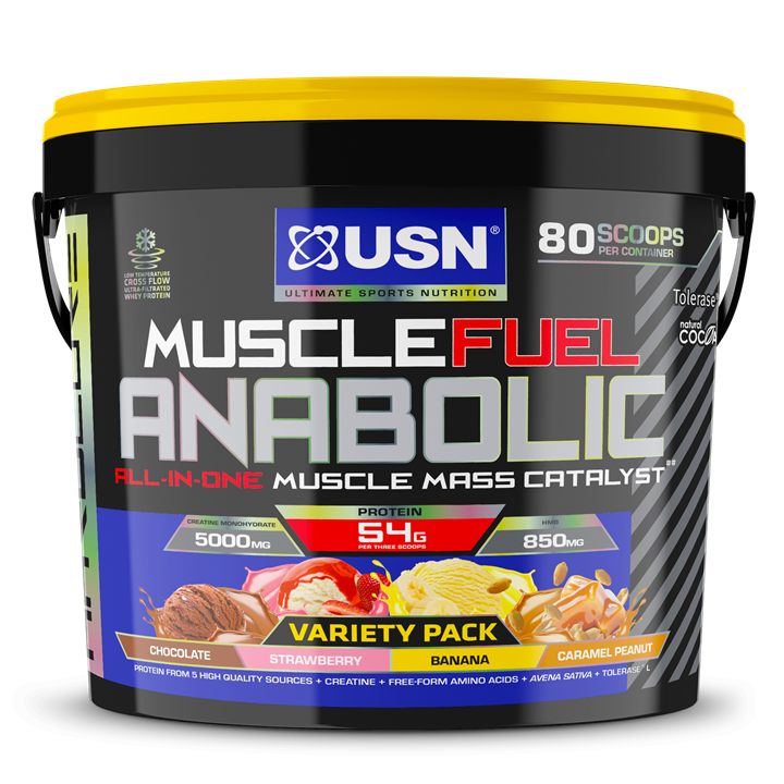 USN Muscle Fuel Anabolic Variety Pack - 4kg / Peanut Caramel/Choc/Strawb/Banana - All-In-One Gainer Powder