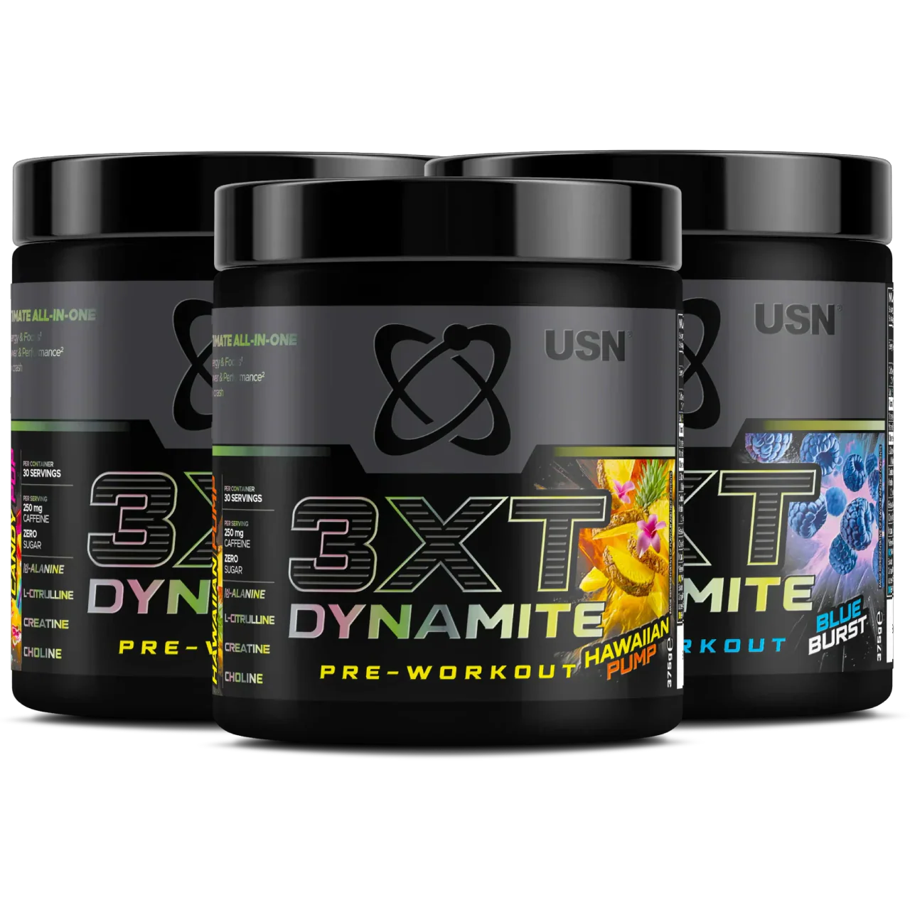 USN 3XT Dynamite pre-workout supplement with herbal support boost in 3 flavors