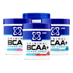 Five USN BCAA Power Punch containers in various flavors for muscle growth and protein synthesis