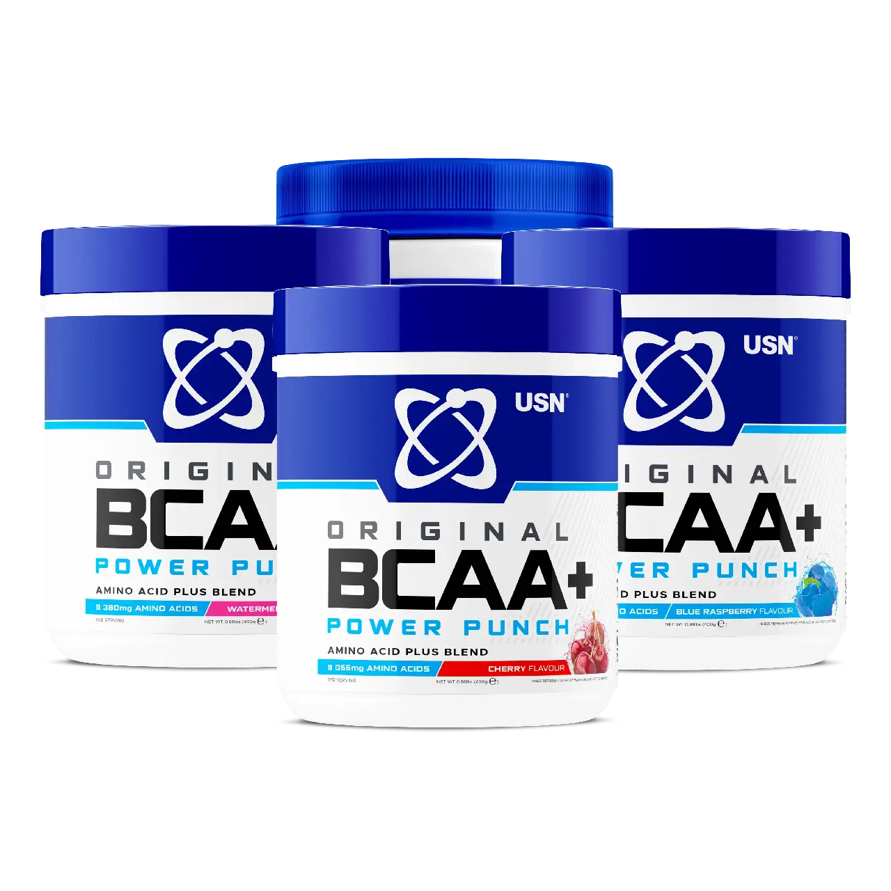 Five USN BCAA Power Punch containers in various flavors for muscle growth and protein synthesis