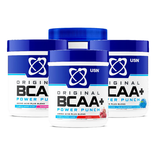 Five USN BCAA Power Punch containers in various flavors for muscle growth and protein synthesis