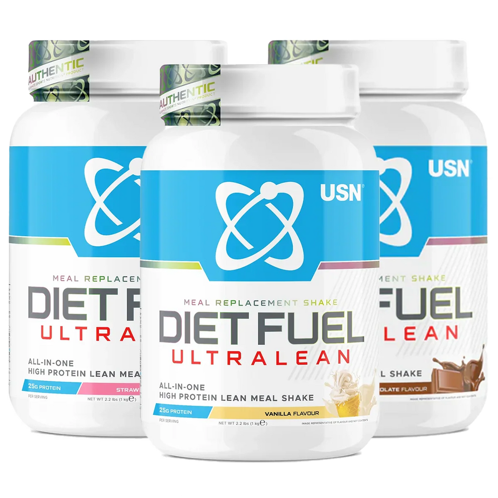 Three USN Diet Fuel Ultralean meal replacement shakes in various flavors high protein calorie control