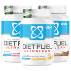 Three USN Diet Fuel Ultralean meal replacement shakes in various flavors high protein calorie control