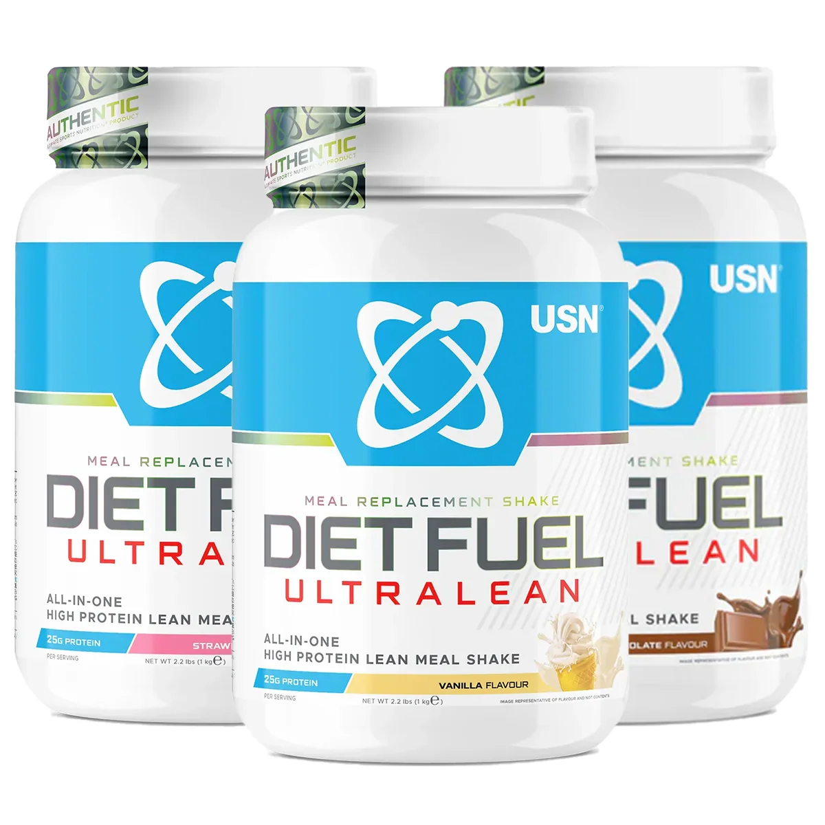 Three USN Diet Fuel Ultralean meal replacement shakes in various flavors high protein calorie control
