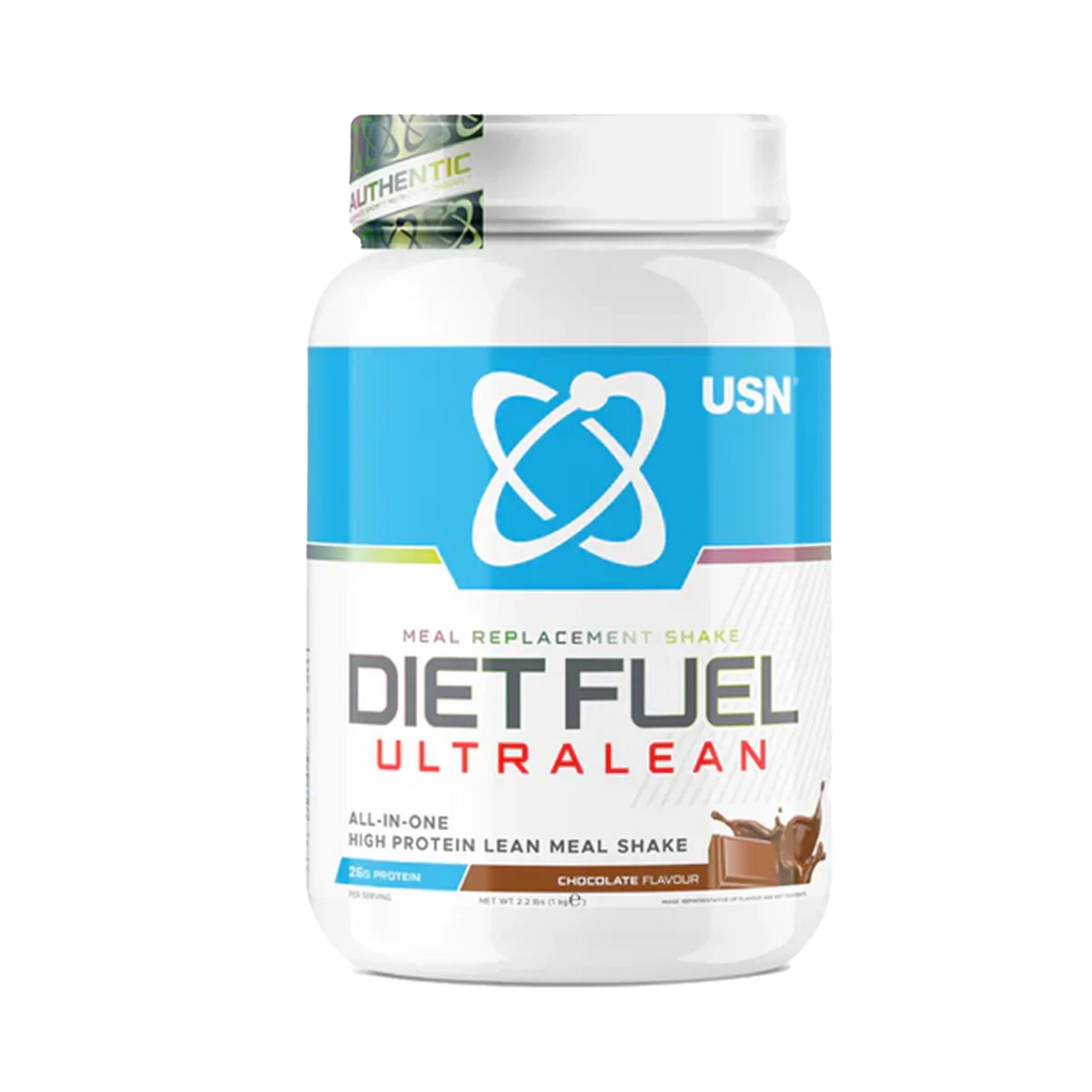 White USN Diet Fuel Ultralean container with chocolate meal replacement shake for high protein calorie control