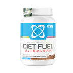 White USN Diet Fuel Ultralean container with chocolate meal replacement shake for high protein calorie control