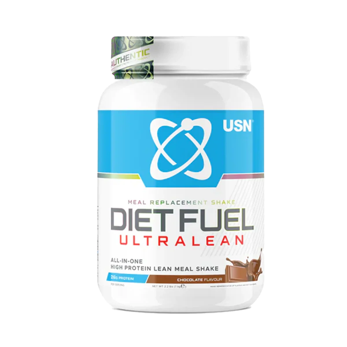 White USN Diet Fuel Ultralean container with chocolate meal replacement shake for high protein calorie control