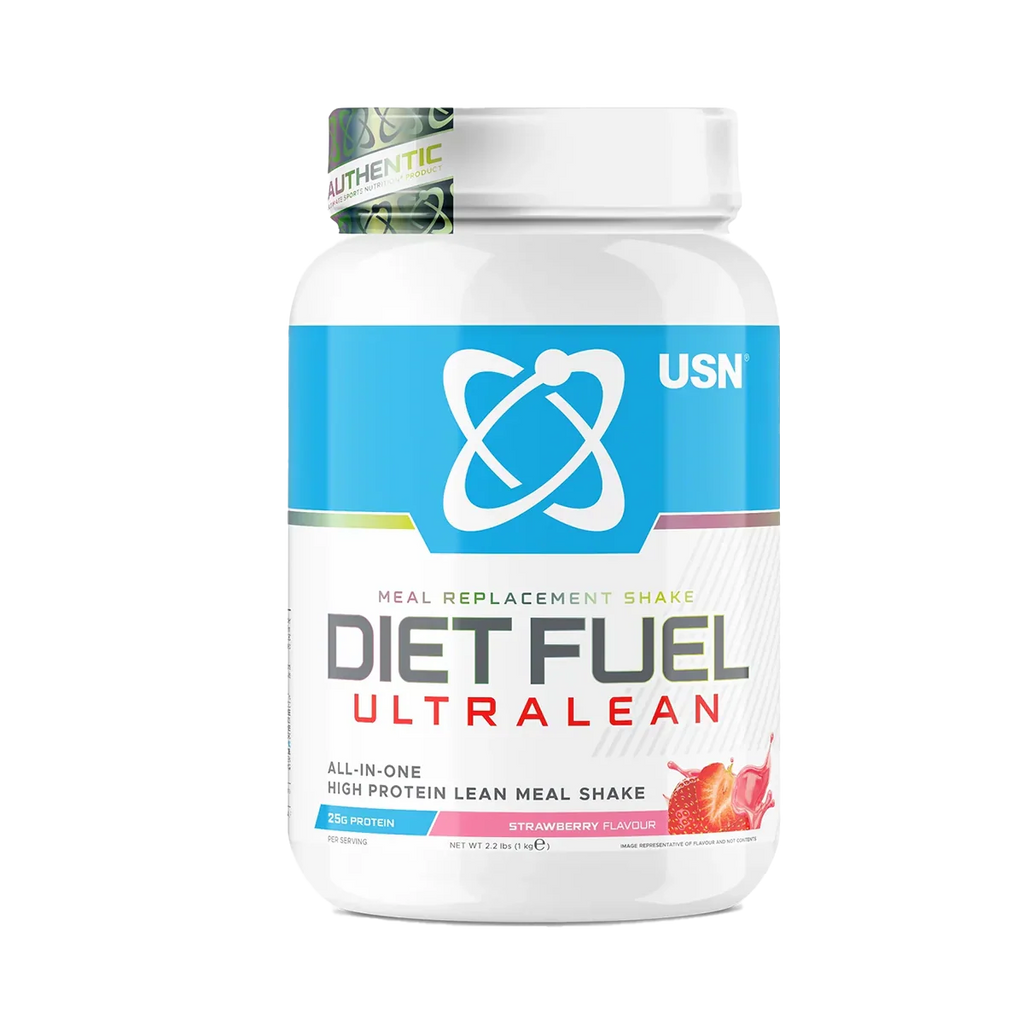 White USN Diet Fuel Ultralean meal replacement shake tub in strawberry flavor for high protein calorie control