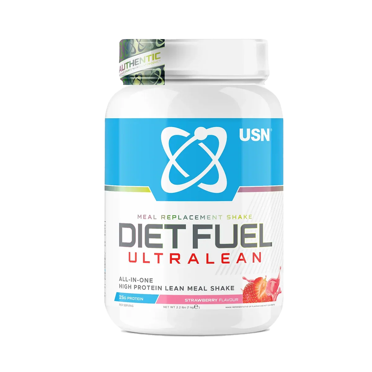 White USN Diet Fuel Ultralean meal replacement shake tub in strawberry flavor for high protein calorie control