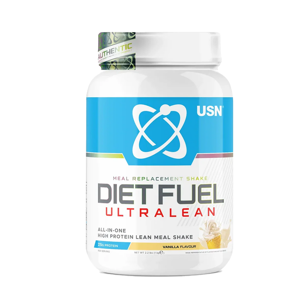 White USN Diet Fuel Ultralean meal replacement shake tub with vanilla flavor for high protein calorie control