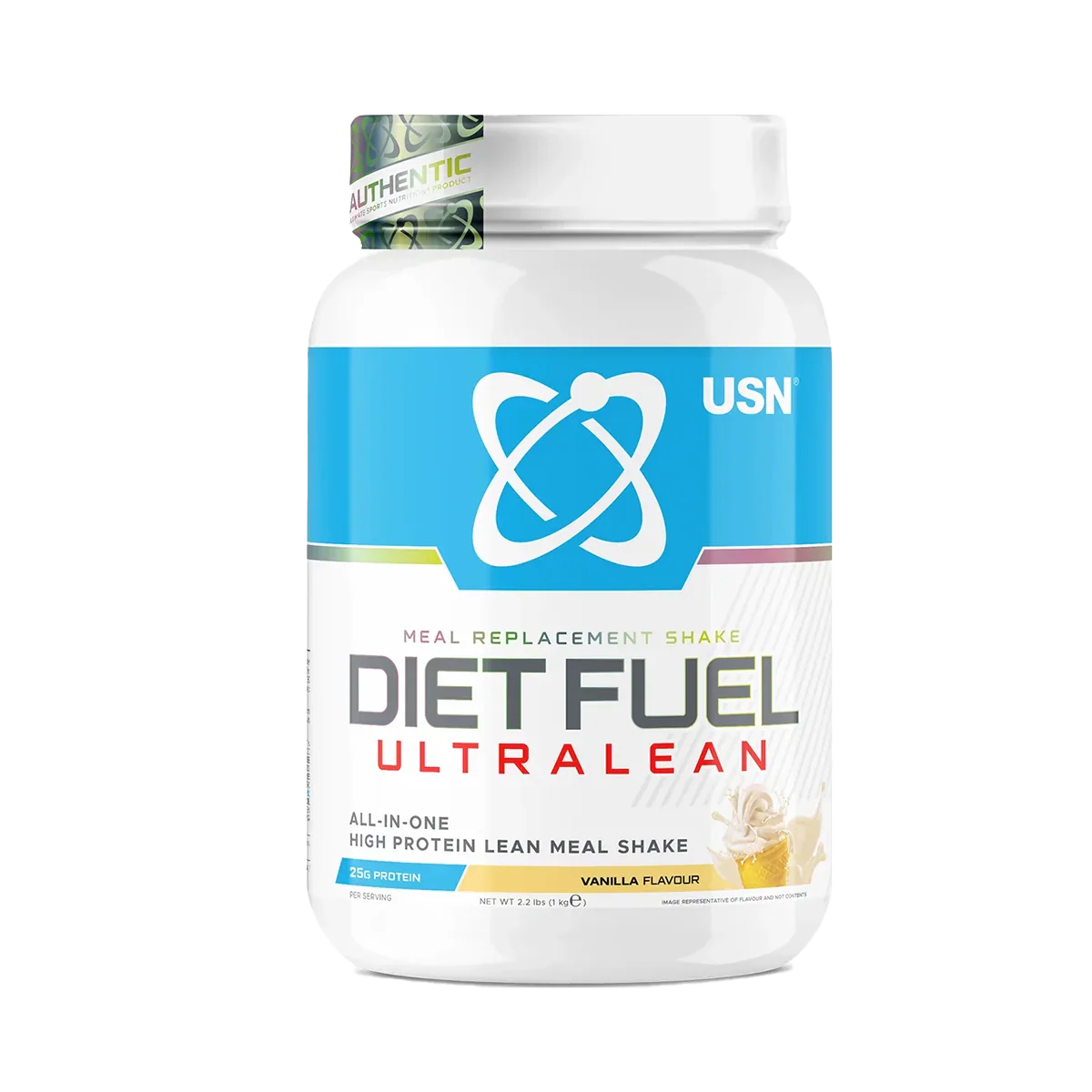 White USN Diet Fuel Ultralean meal replacement shake tub with vanilla flavor for high protein calorie control
