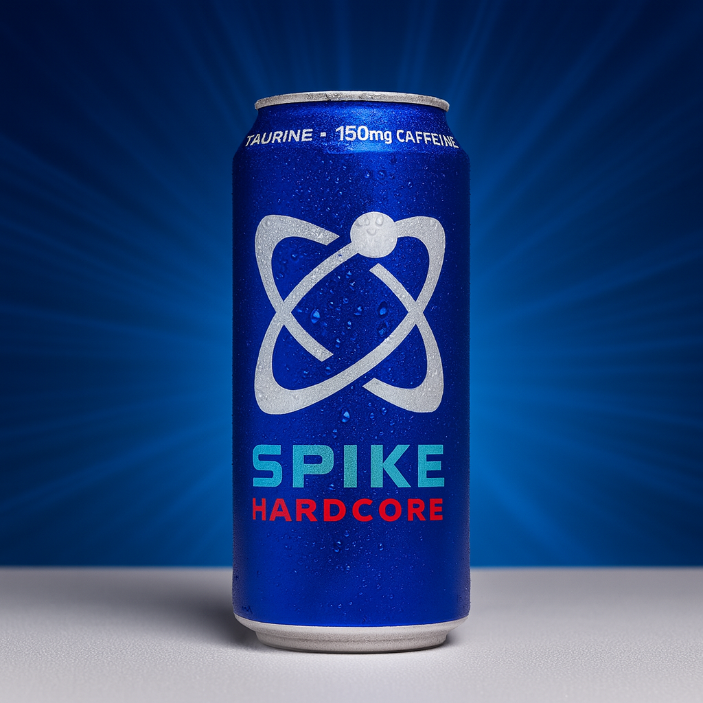 Blue can of Spike Hardcore energy drink with a blue background