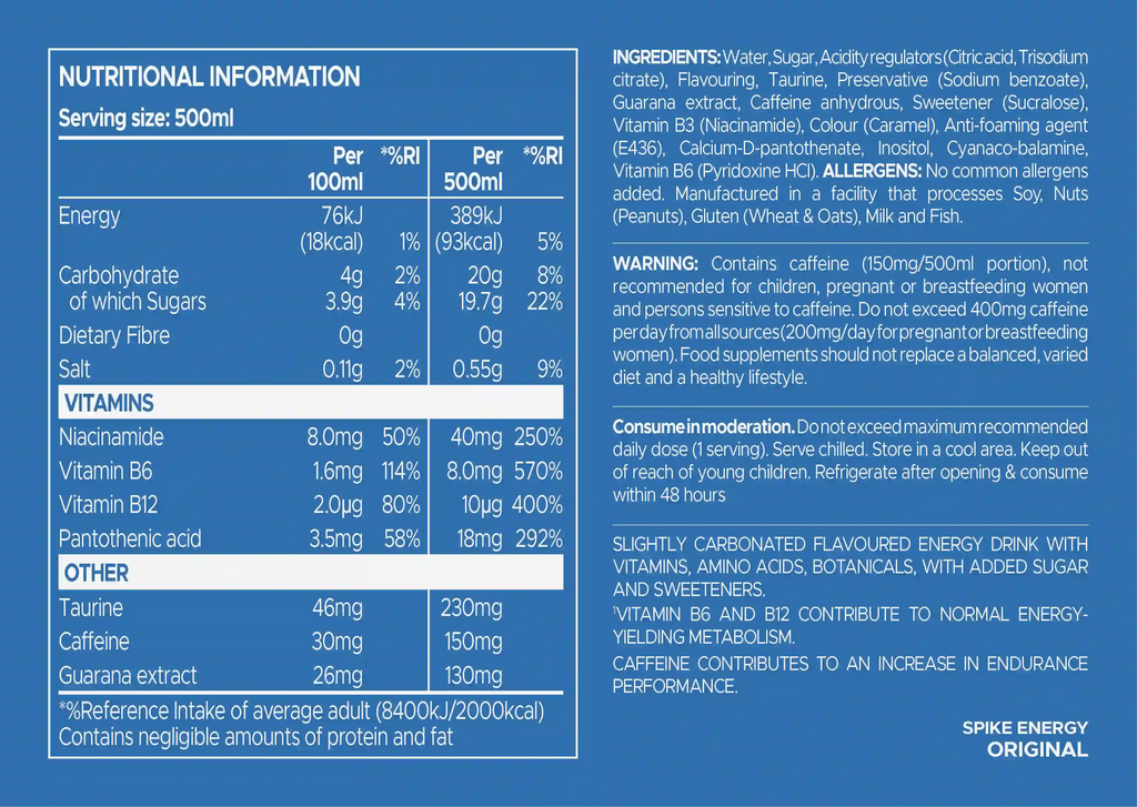 Nutritional information and ingredients list for Spike Energy Original drink on a blue background