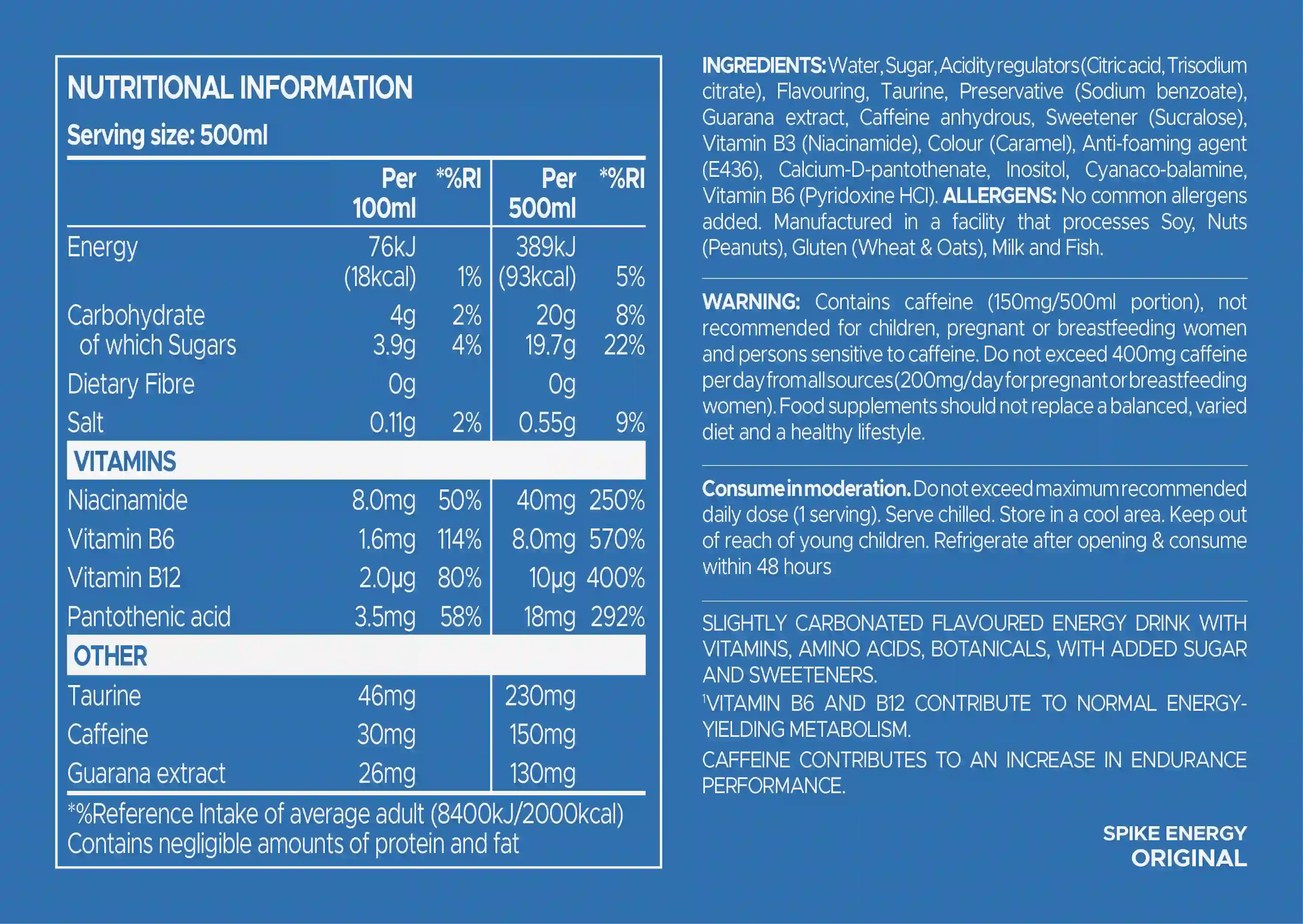 Nutritional information and ingredients list for Spike Energy Original drink on a blue background