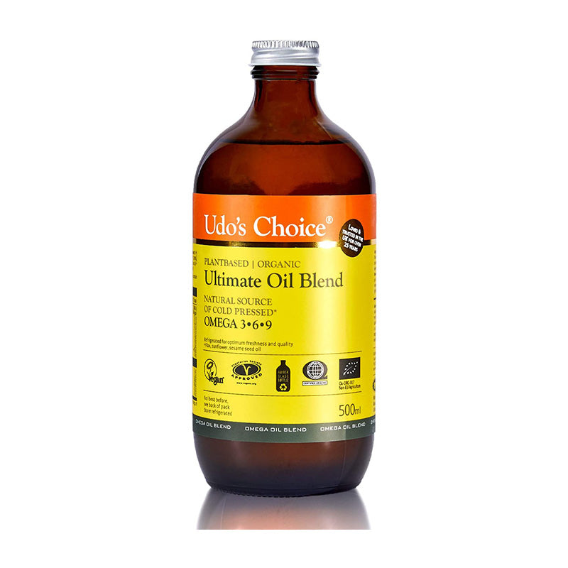 Udo’s Choice Ultimate Oil Blend organic bottle with label, rich in essential fatty acids