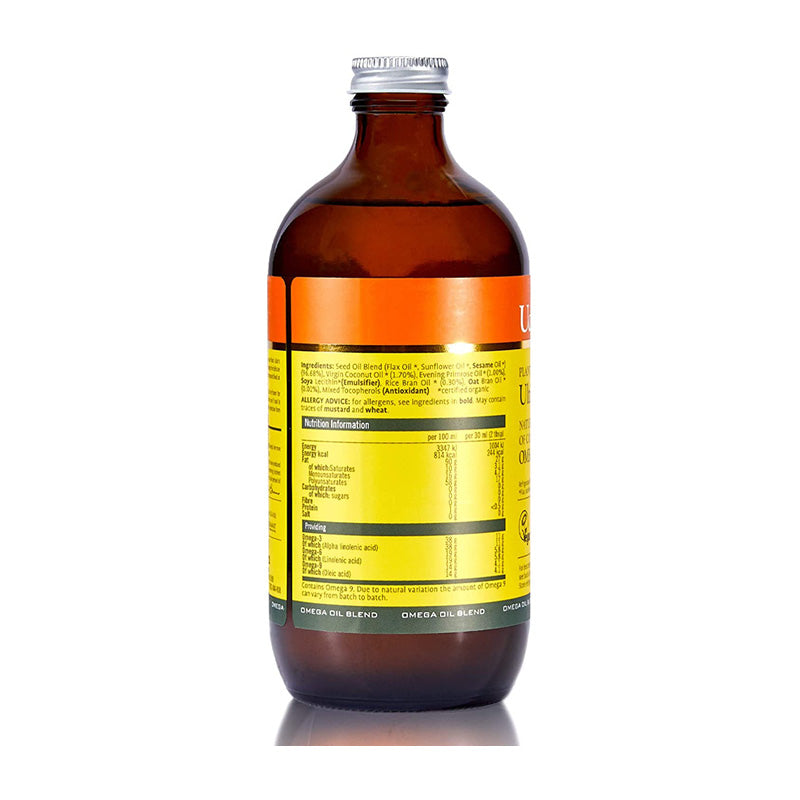 Brown glass bottle with orange and yellow label of Udo’s Choice Ultimate Oil Blend organic supplement containing essential fatty acids