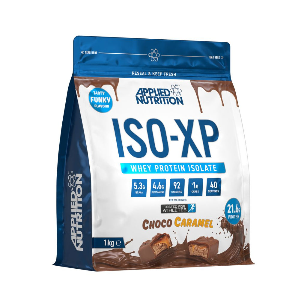 Applied Nutrition Iso-XP whey protein isolate bag with Choco Caramel flavor for easy mixing