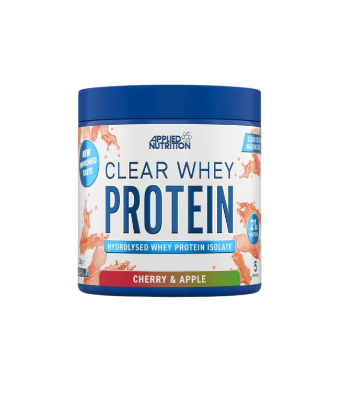 Applied Nutrition Clear Whey tub with cherry and apple flavored ultra-hydrolysed whey protein for muscle recovery