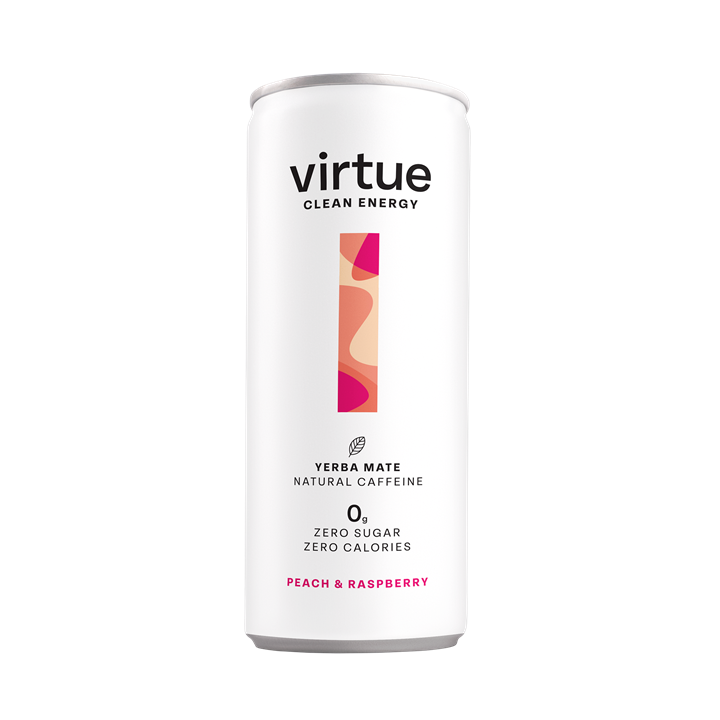 White Virtue Clean Energy Yerba Mate can with peach raspberry flavor natural caffeine drink