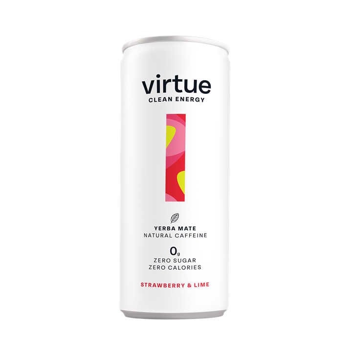 White Virtue Clean Energy can with Strawberry Lime flavor, natural caffeine, zero sugar