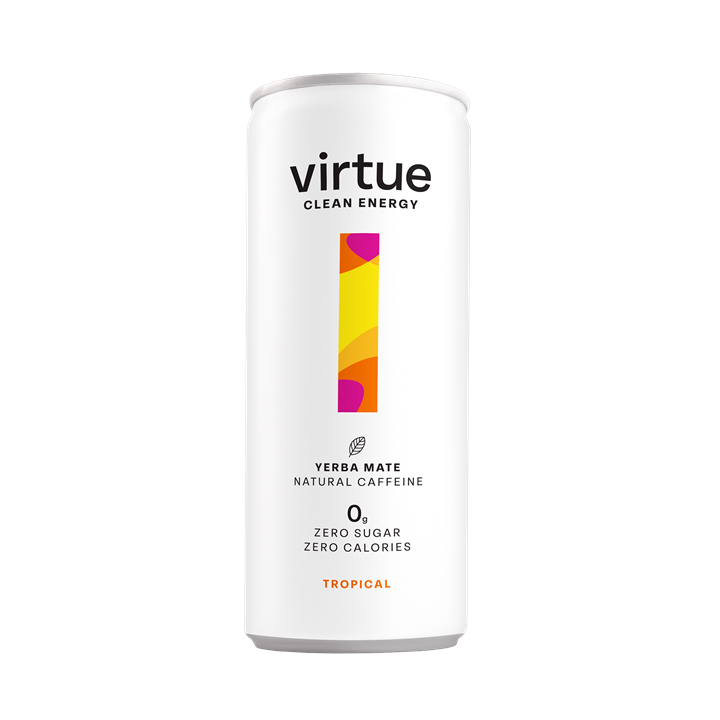 White Virtue Clean Energy Yerba Mate can with colorful tropical flavor design, natural caffeine drink